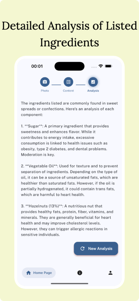 Fooducate - Food Safety - Mobile app screen showing a detailed health analysis of food ingredients like sugar and hazelnuts.