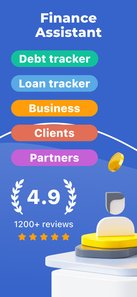 Saldo app intro screen featuring debt and loan tracking tools for business and personal use with a 4.9 star rating