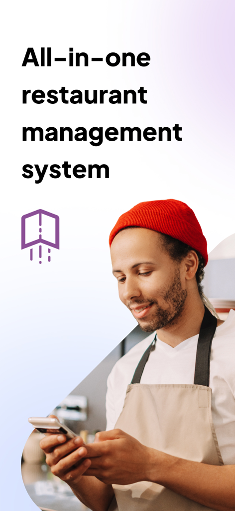 A smiling restaurant worker using the UpMenu mobile app for restaurant management