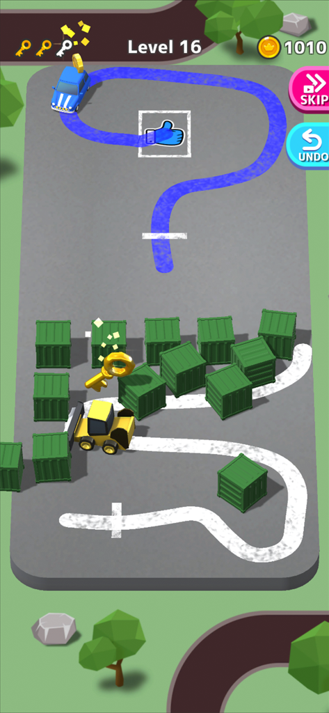 Park Master - Une capture d'écran du gameplay de Park Master montrant une voiture et un chariot élévateur avec des chemins de stationnement dessinés autour d'obstacles verts.