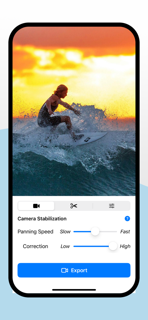 stabcam - Stabilize Videos - Interface of Stabcam app showing stabilization and correction sliders for a surfing video