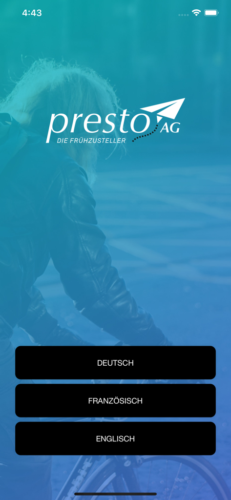 Prestoアプリのウェルカム画面、ドイツ語、フランス語、英語の言語選択ボタン付き