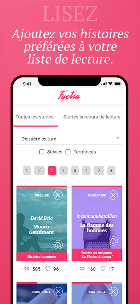 Fyctia - Interface of the Fyctia app showing a user reading list of French stories including thriller and fantasy genres.