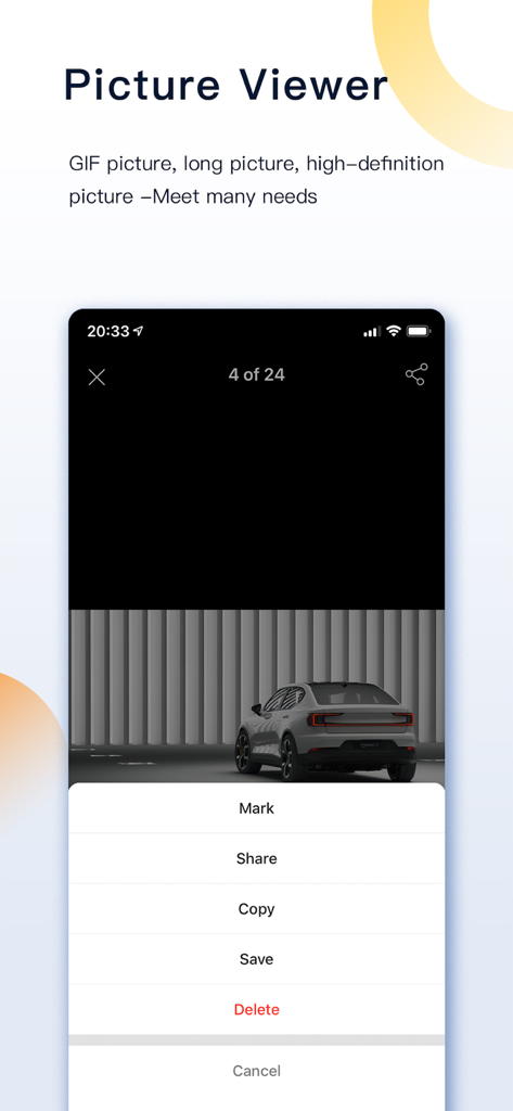 FileMate app showing the picture viewer interface with options to mark share copy and save high-definition images
