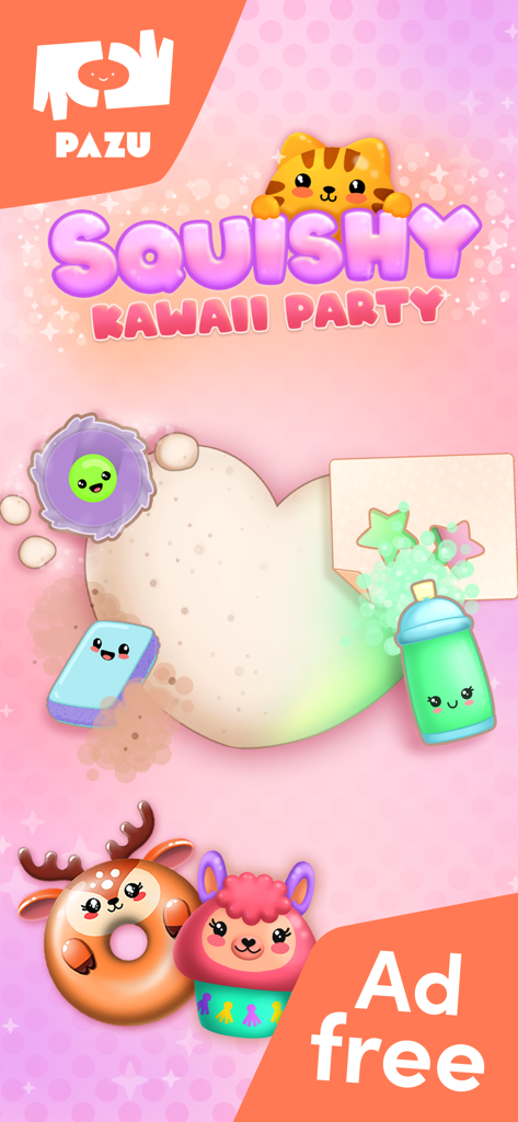 Squishy Kawaii Party game screen showing tools for making DIY squishies and finished characters