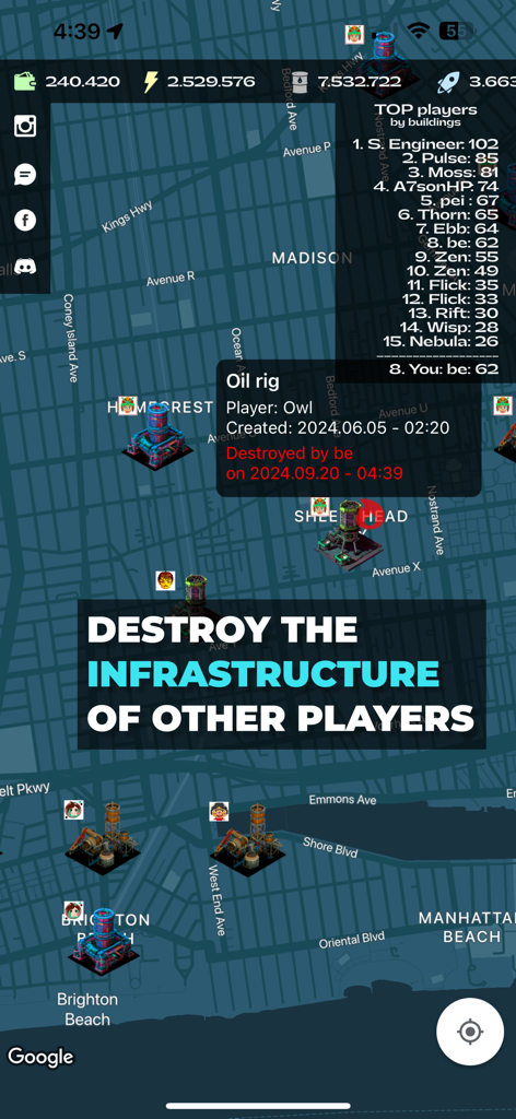 Mobile-Spiel-Screenshot, der die Infrastruktur eines Spielers auf einer realen Weltkarte mit einer globalen Rangliste zeigt.