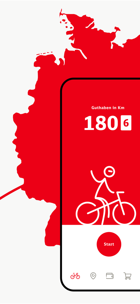 DB Rad plus app interface showing a balance of 180.6 kilometers tracked and a large red start button for cycling