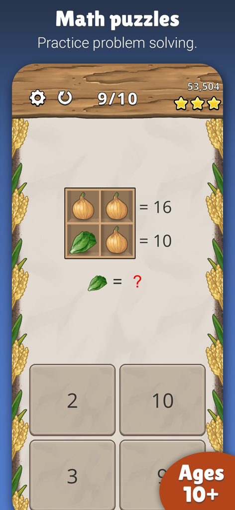 King of Math+ - A math logic puzzle in the King of Math app where players solve for the value of different vegetables to practice problem solving.