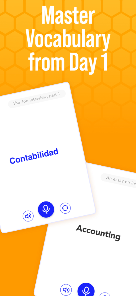 Beelinguapp: Language Learning - Beelinguapp mobile interface showing Spanish and English vocabulary flashcards for learning the word accounting