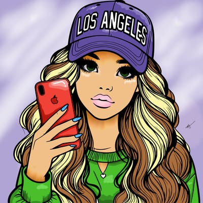 realistic beautiful girl wearing los ángeles cap holding an iphone
