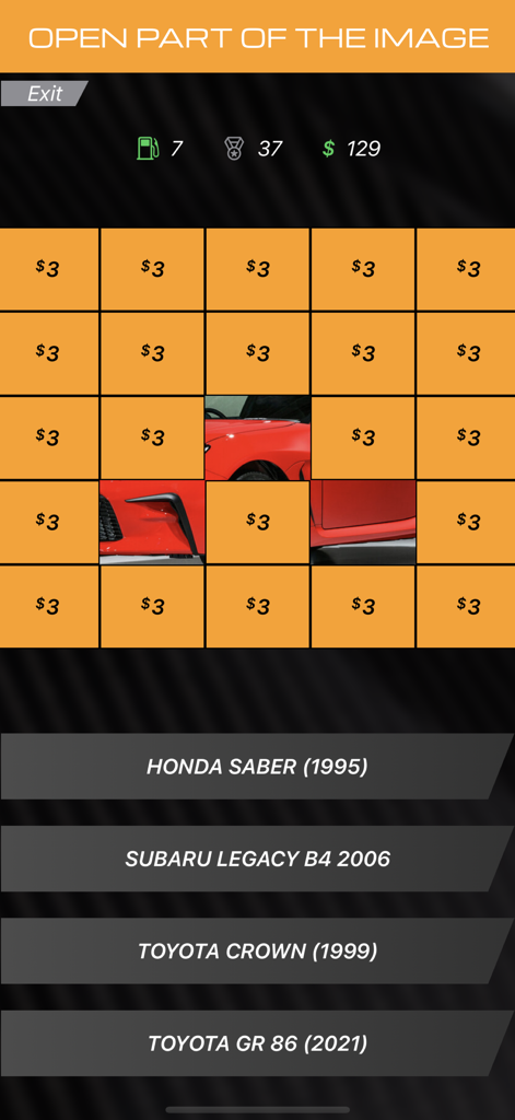 Petrolhead: Car Quiz - A mobile game screen showing a partial image of a red car behind tiles with multiple choice options for car models.