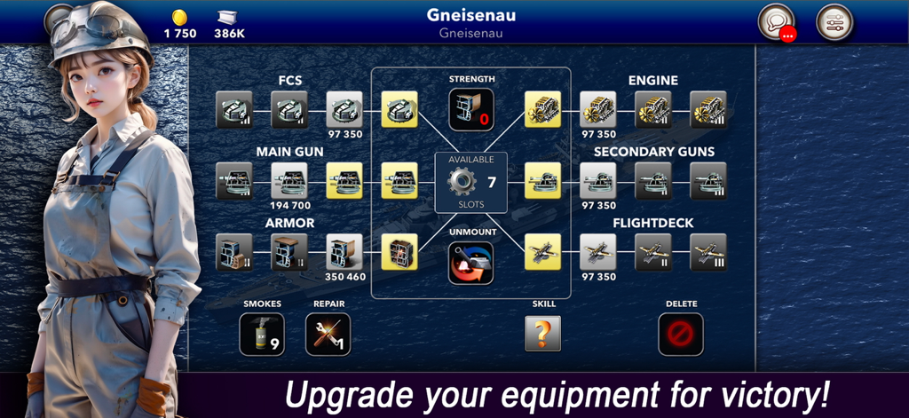 Navy Field: Online Sea Battles - A ship upgrade interface in Navy Field showing various equipment modules for the warship Gneisenau