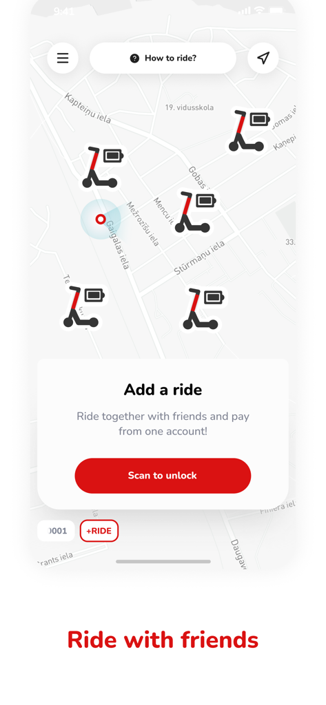 Zippy Rides - Interfaz de mapa de la aplicación Zippy Rides que muestra patinetes eléctricos disponibles y una función para viajar con amigos