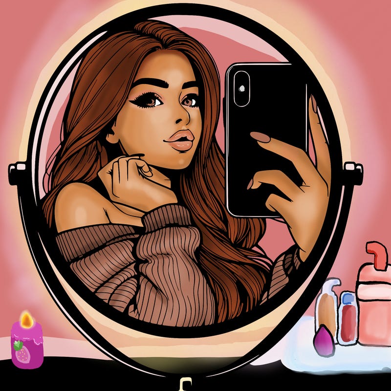 realistic girl taking mirror selfie beautiful