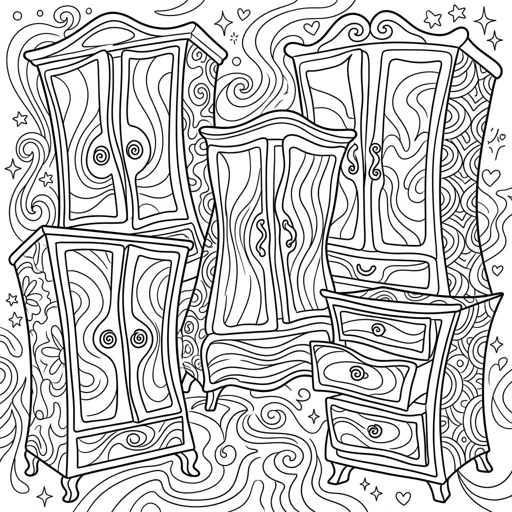 Trippy Psychedelic Wardrobes Coloring Page - Surreal Art