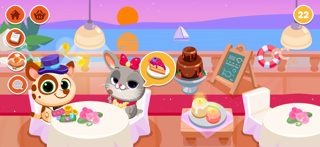 Personagens fofos de gato e coelho jantando em um restaurante à beira-mar ao pôr do sol