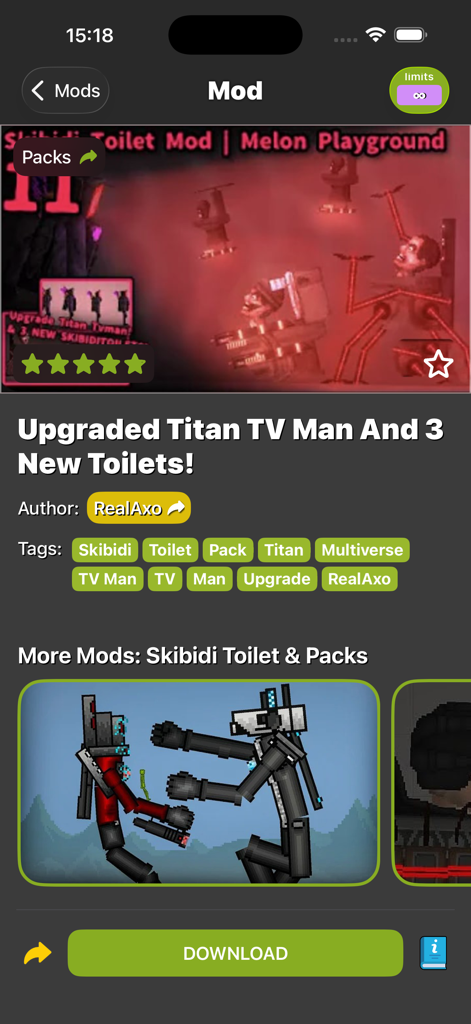Ragdoll Mods 앱의 스키비디 토일렛 모드 페이지 스크린샷으로, 타이탄 TV맨과 다운로드 버튼이 있습니다.