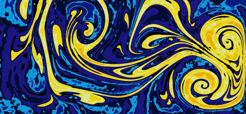 Abstrakte blaue und gelbe Flüssigkeitssimulationswirbel, die an ein Sternennachtgemälde erinnern