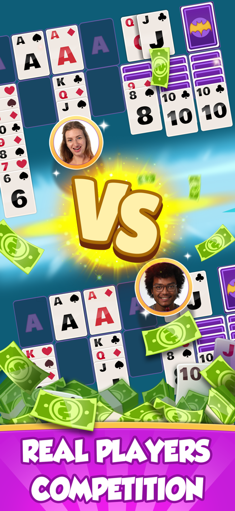 Dos jugadores reales compitiendo en una partida de Solitaire Thrill con recompensas en efectivo y gráficos de juego de cartas