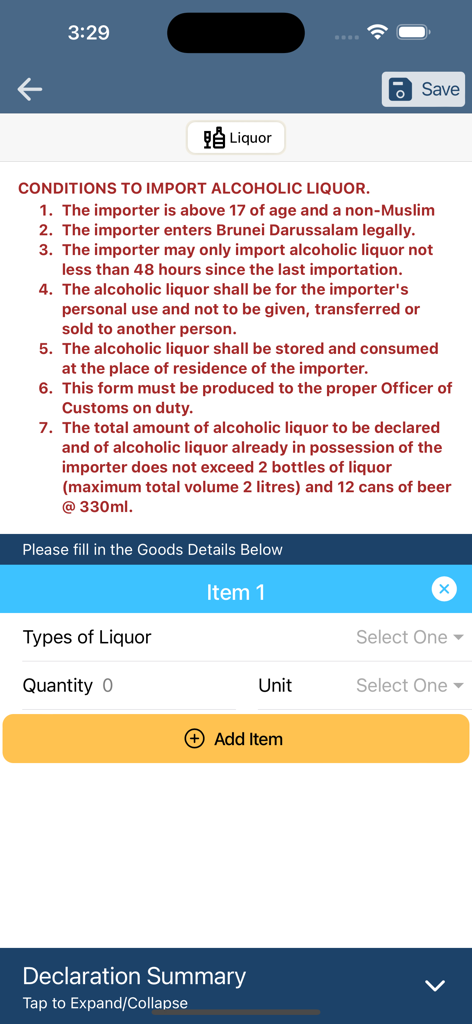 A screen in the Customs.BN app displaying rules and a declaration form for importing alcoholic liquor into Brunei