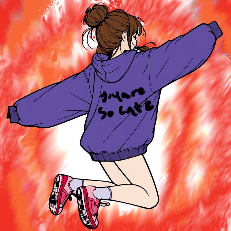 realistic girl jumping with a bun and oversized sweatshirt