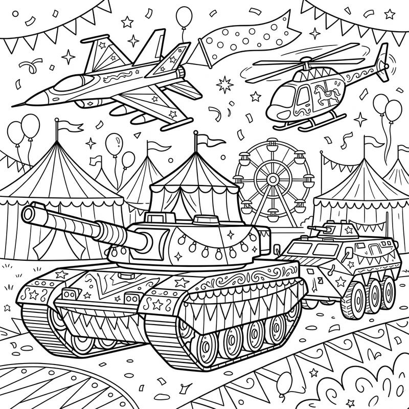 Dive into a whimsical world where powerful military vehicles get a vibrant carnival makeover. This unique coloring page brings together the thrill of tanks and jets with the joyous atmosphere of a circus.