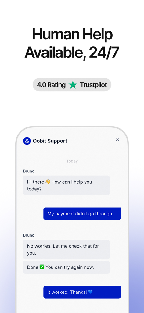 Oobit – Pay with Crypto Card - Interface de support client de l'application Oobit montrant un chat en direct avec une aide humaine 24h/24 et 7j/7 pour les problèmes de paiement