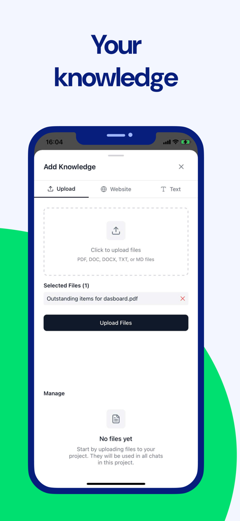 Geny AI Assistant interface for uploading PDF and documents to create a personalized knowledge base