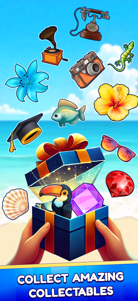 Bingo Madness Live Bingo Games - Hands opening a gift box filled with unique bingo game collectables like gems and tropical items.