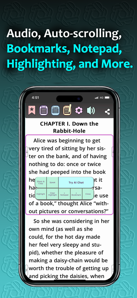 Gutenberg Reader app displaying a book with text highlighting and notepad features