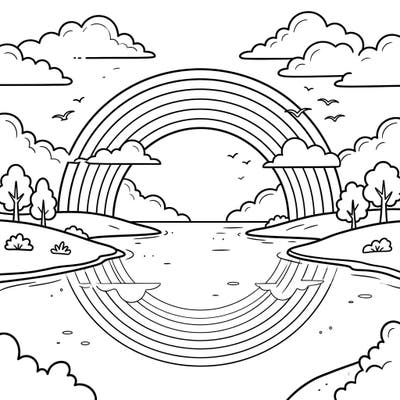Immerse yourself in the serene beauty of this reflected rainbows coloring page, featuring a magnificent arc stretching across the sky and its mirror image in the tranquil water below. This delightful illustration offers a peaceful escape, perfect for coloring enthusiasts of all ages.