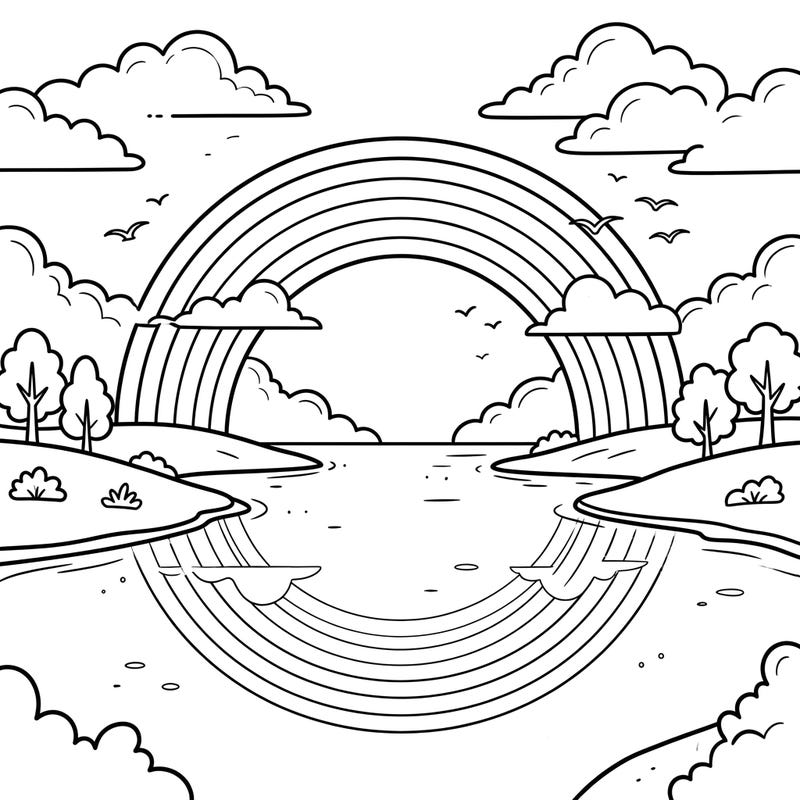 Immerse yourself in the serene beauty of this reflected rainbows coloring page, featuring a magnificent arc stretching across the sky and its mirror image in the tranquil water below. This delightful illustration offers a peaceful escape, perfect for coloring enthusiasts of all ages.