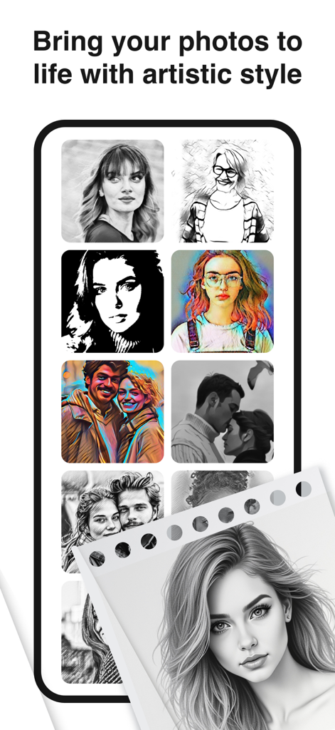 Pencil sketch photo edito - Una colección de fotos de retratos con efectos artísticos de boceto a lápiz y color aplicados en la aplicación.