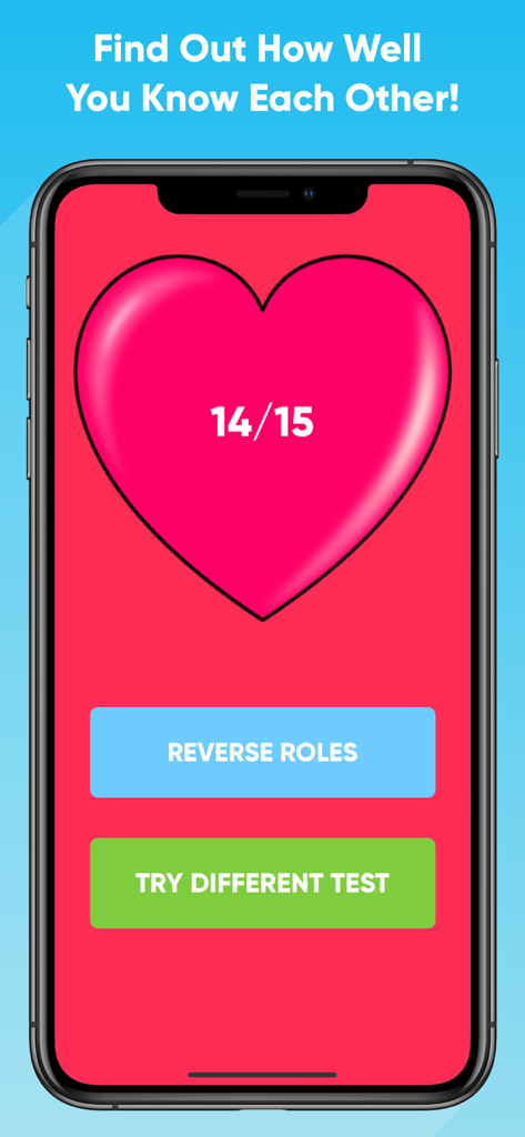 Couples Quiz Relationship Game - Couples Quiz game screen showing a score of 14 out of 15 in a heart