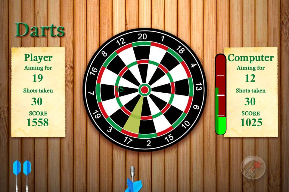 Darts Free - Gameplay de Darts Free montrant un jeu de fléchettes classique sur un mur en bois avec des tableaux de scores pour le joueur et l'ordinateur