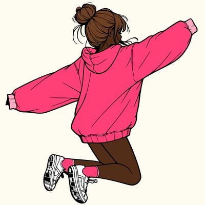 realistic girl jumping with a bun and oversized sweatshirt