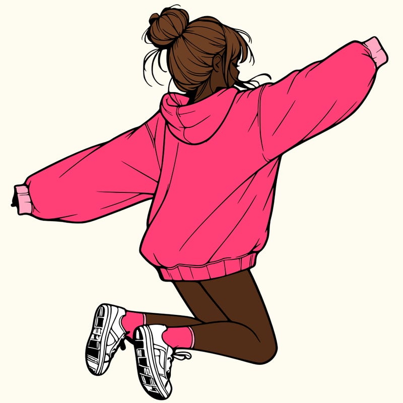 realistic girl jumping with a bun and oversized sweatshirt