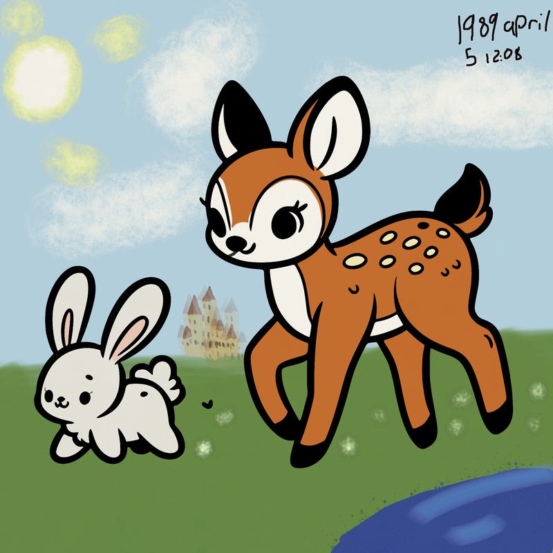 a fawn walking with a cute bunny