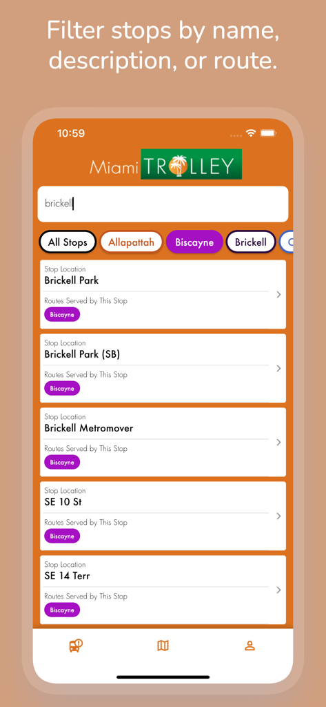 Miami Trolley Tracker - Miami Trolley Tracker app interface showing a search for trolley stops in the Brickell neighborhood