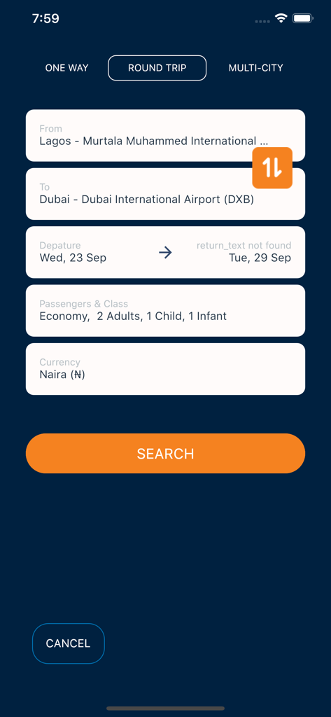 Wakanow Affiliates - Mobile screen of Wakanow Affiliates app showing a round trip flight search from Lagos to Dubai with passenger and currency options