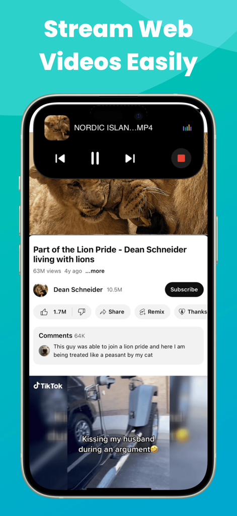 Miracast: Screen Mirroring TV - iPhone displaying web video streaming with Dynamic Island media controls for Miracast app