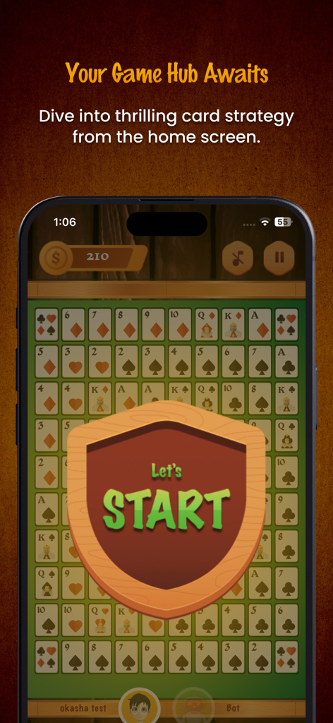 Pantalla de inicio de Sequence Royale con botón de inicio y tablero de estrategia de cartas.