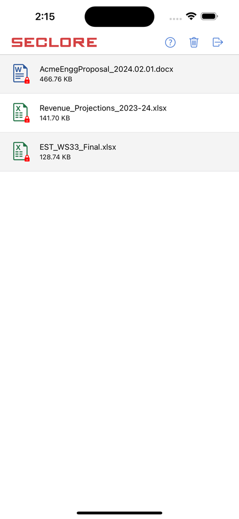 Seclore for Intune - Seclore for Intune app interface showing a list of protected business documents including word and excel files with security lock icons