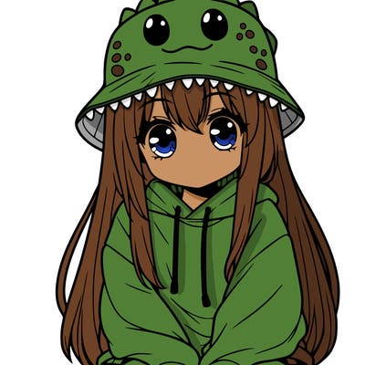 girl with anime shaped eyes with a dinosaur bucket hat oversized sweatshirt long straight hair