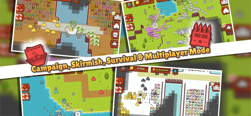 Collage of Front Armies RTS game screenshots showing campaign skirmish survival and multiplayer modes.