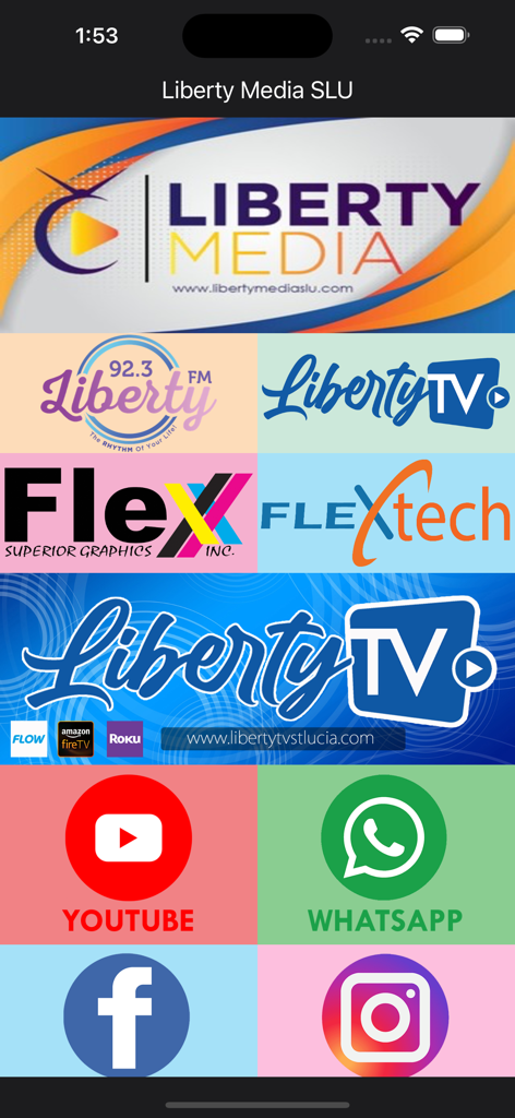 Menú principal de la aplicación Liberty Media SLU mostrando enlaces a Liberty FM 92.3, Liberty TV e iconos de redes sociales para YouTube WhatsApp Facebook e Instagram