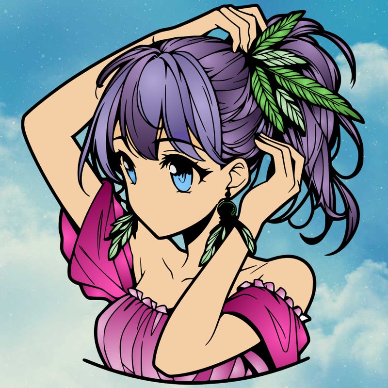 anime girl tucking her hair behind her ear with feathered earrings