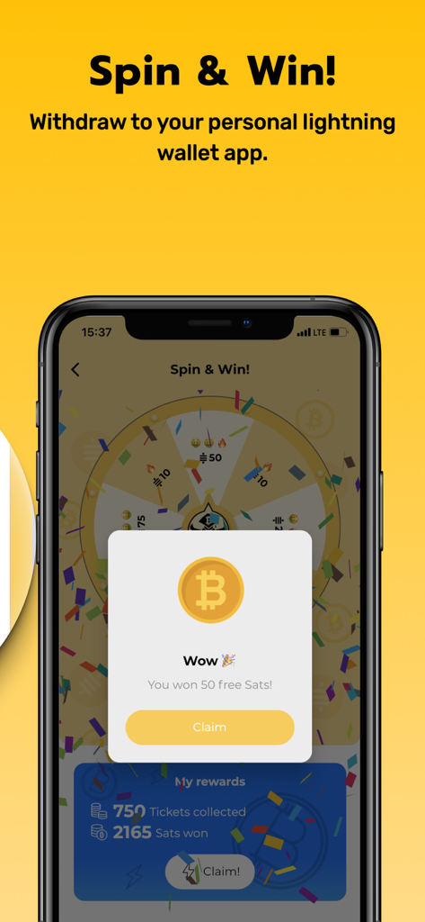 Simple Bitcoin: Learn & Earn - 50無料Satsを獲得するためのポップアップを表示する、Simple Bitcoinのルーレット機能のモバイルアプリのスクリーンショット