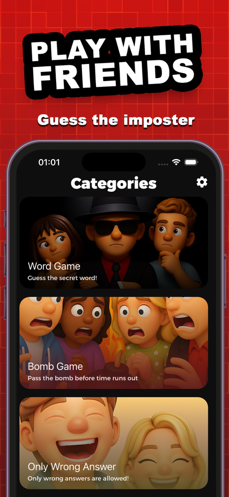 Who is the imposter Game - Una interfaz móvil que muestra diferentes modos de juego de fiesta para la aplicación ¿Quién es el impostor? que incluyen Juego de Palabras y Juego de la Bomba