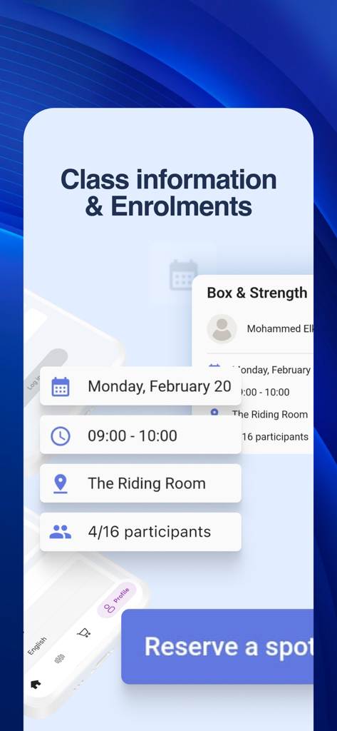 Fitx - App - Fitx app class information and enrollment screen showing training details and a reserve button